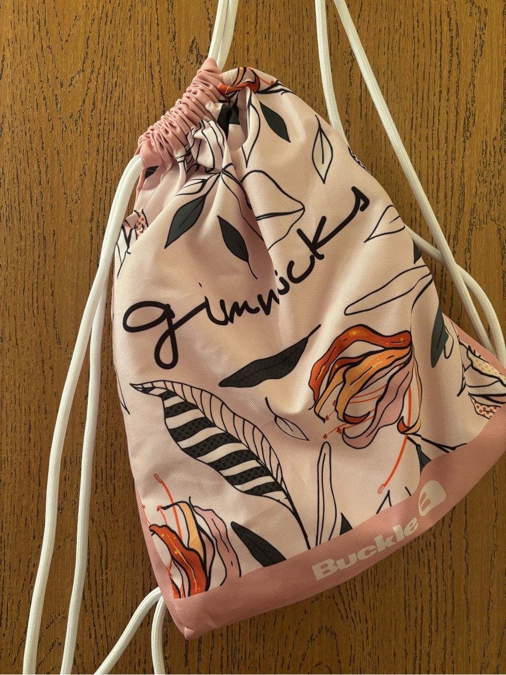 Buckle Pink Floral Drawstring Backpack with White Cords